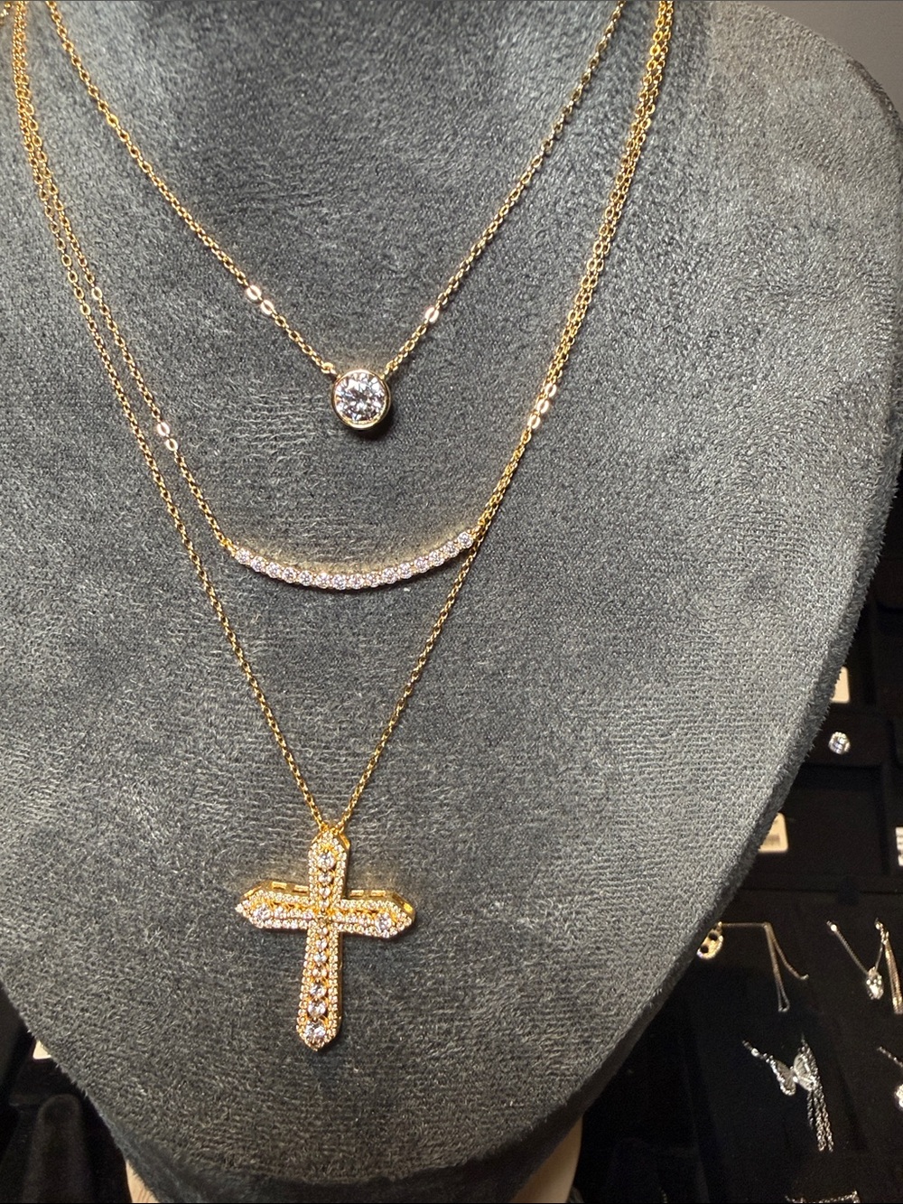 Gold Layered Cross & Moissanite Pendant Necklace Set - Gold
